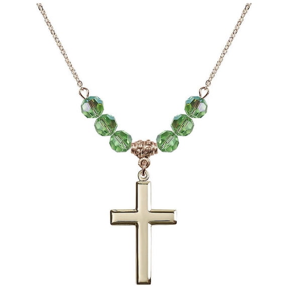 18-Inch Hamilton Gold Plated Necklace with 6mm Green August Birth Month Stone Beads and Cross Charm