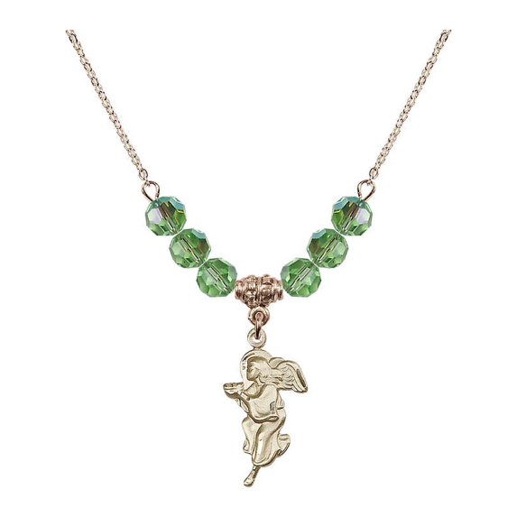 18-Inch Hamilton Gold Plated Necklace with 6mm Green August Birth Month Stone Beads and Guardian Angel Charm