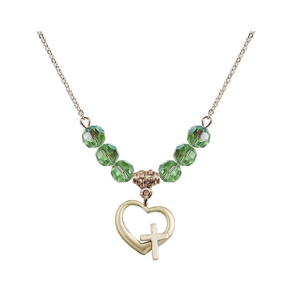 18-Inch Hamilton Gold Plated Necklace with 6mm Green August Birth Month Stone Beads and Heart / Cross Charm