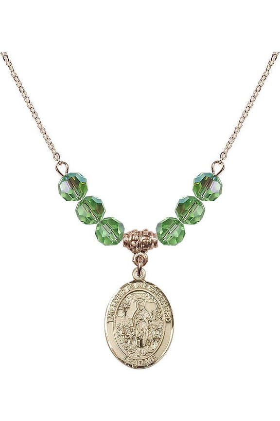 18-Inch Hamilton Gold Plated Necklace with 6mm Green August Birth Month Stone Beads and Lord Is My Shepherd Charm