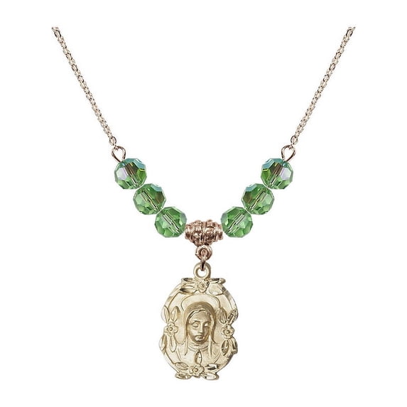 18-Inch Hamilton Gold Plated Necklace with 6mm Green August Birth Month Stone Beads and Madonna Charm