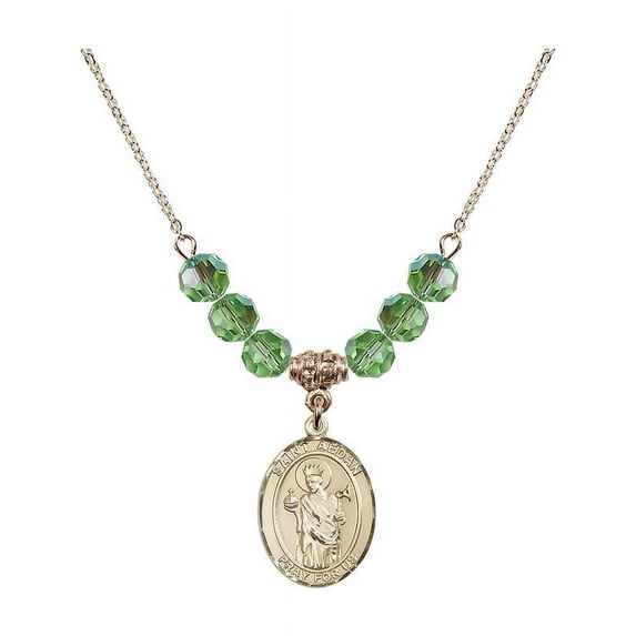 18-Inch Hamilton Gold Plated Necklace with 6mm Green August Birth Month Stone Beads and Saint Aedan of Ferns Charm
