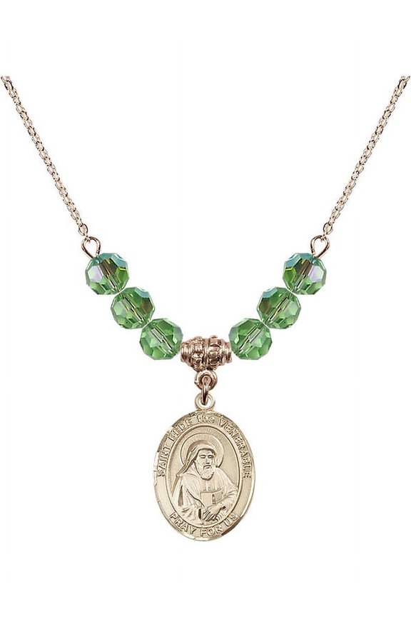 18-Inch Hamilton Gold Plated Necklace with 6mm Green August Birth Month Stone Beads and Saint Bede the Venerable Charm