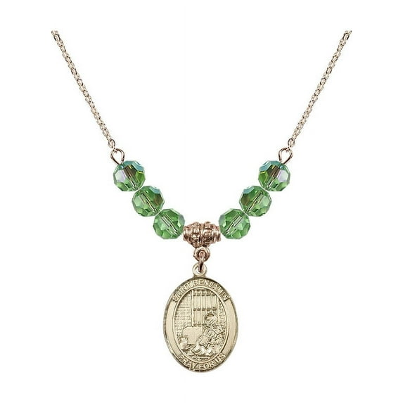 18-Inch Hamilton Gold Plated Necklace with 6mm Green August Birth Month Stone Beads and Saint Benjamin Charm