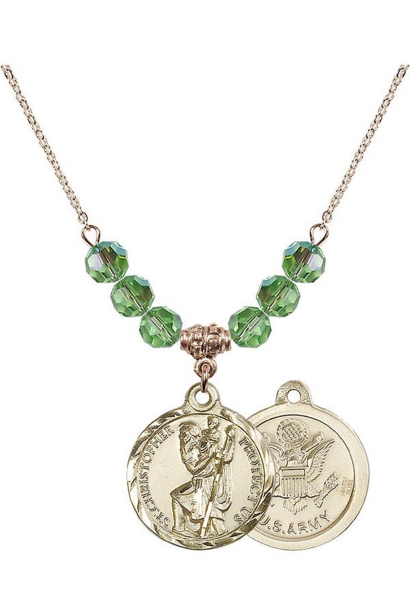 18-Inch Hamilton Gold Plated Necklace with 6mm Green August Birth Month Stone Beads and Saint Christopher / Army Charm