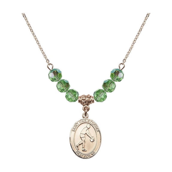 18-Inch Hamilton Gold Plated Necklace with 6mm Green August Birth Month Stone Beads and Saint Christopher/Basketball Charm