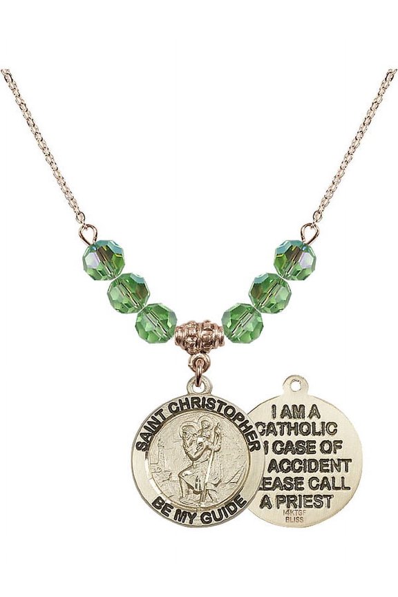 18-Inch Hamilton Gold Plated Necklace with 6mm Green August Birth Month Stone Beads and Saint Christopher Charm