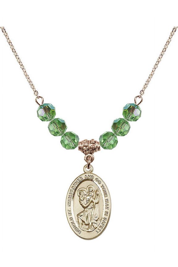 18-Inch Hamilton Gold Plated Necklace with 6mm Green August Birth Month Stone Beads and Saint Christopher Charm