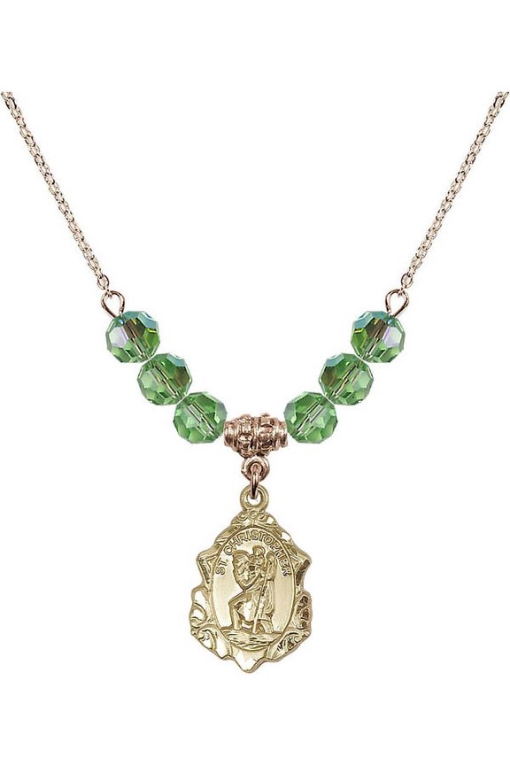 18-Inch Hamilton Gold Plated Necklace with 6mm Green August Birth Month Stone Beads and Saint Christopher Charm