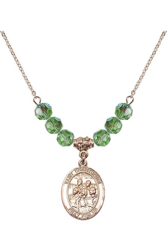 18-Inch Hamilton Gold Plated Necklace with 6mm Green August Birth Month Stone Beads and Saint Christopher / Choir Charm