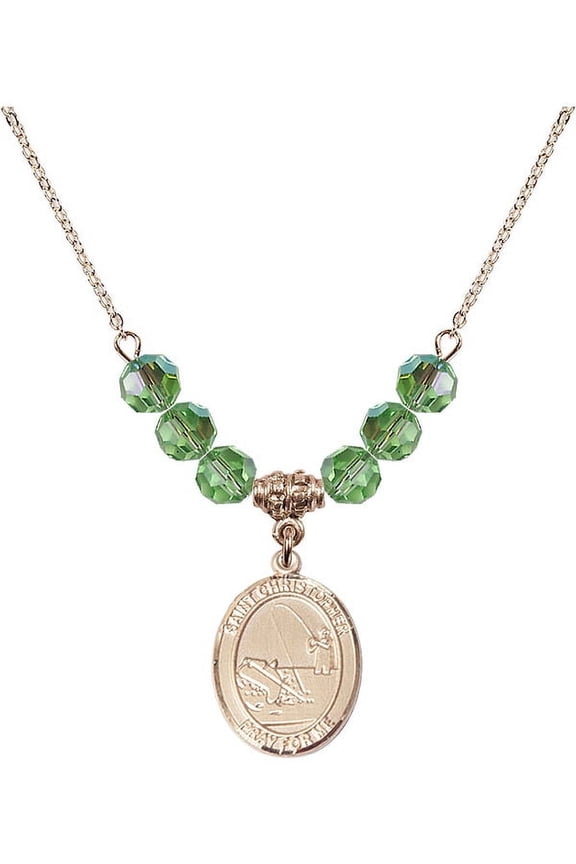 18-Inch Hamilton Gold Plated Necklace with 6mm Green August Birth Month Stone Beads and Saint Christopher / Fishing Charm