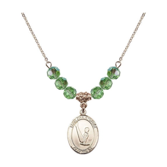18-Inch Hamilton Gold Plated Necklace with 6mm Green August Birth Month Stone Beads and Saint Christopher/Gymnastics Charm