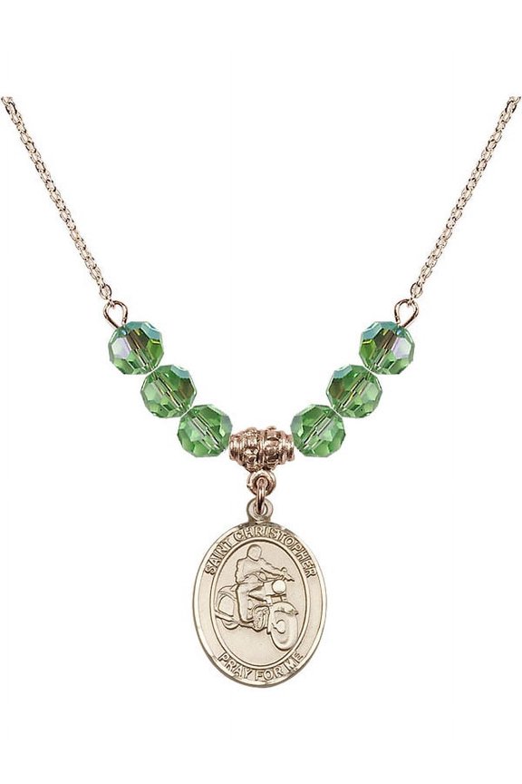 18-Inch Hamilton Gold Plated Necklace with 6mm Green August Birth Month Stone Beads and Saint Christopher/Motorcycle Charm