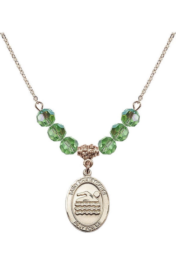 18-Inch Hamilton Gold Plated Necklace with 6mm Green August Birth Month Stone Beads and Saint Christopher/Swimming Charm