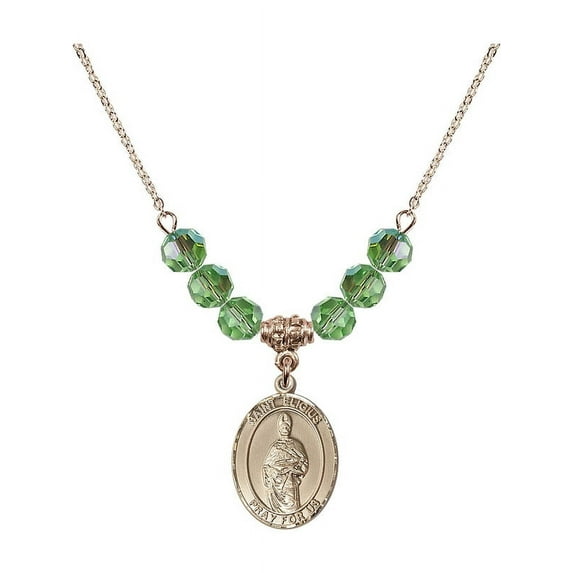 18-Inch Hamilton Gold Plated Necklace with 6mm Green August Birth Month Stone Beads and Saint Eligius Charm