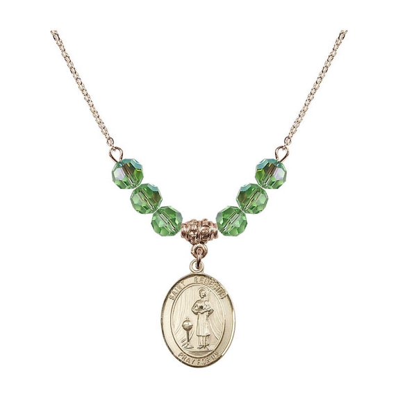 18-Inch Hamilton Gold Plated Necklace with 6mm Green August Birth Month Stone Beads and Saint Genesius of Rome Charm