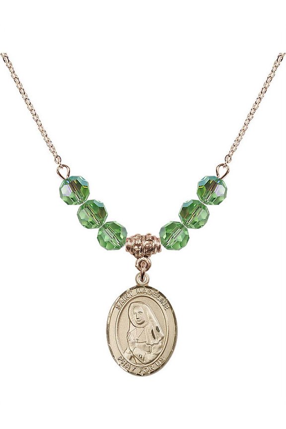 18-Inch Hamilton Gold Plated Necklace with 6mm Green August Birth Month Stone Beads and Saint Madeline Sophie Barat Charm