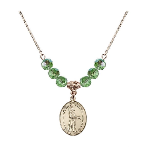 18-Inch Hamilton Gold Plated Necklace with 6mm Green August Birth Month Stone Beads and Saint Petronille Charm