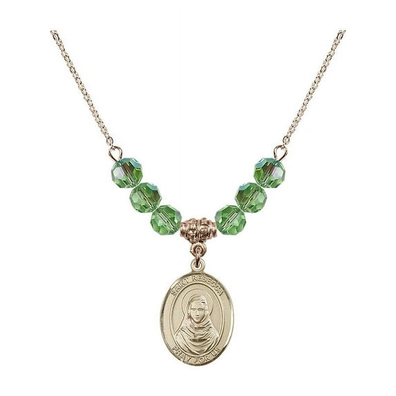 18-Inch Hamilton Gold Plated Necklace with 6mm Green August Birth Month Stone Beads and Saint Rebecca Charm