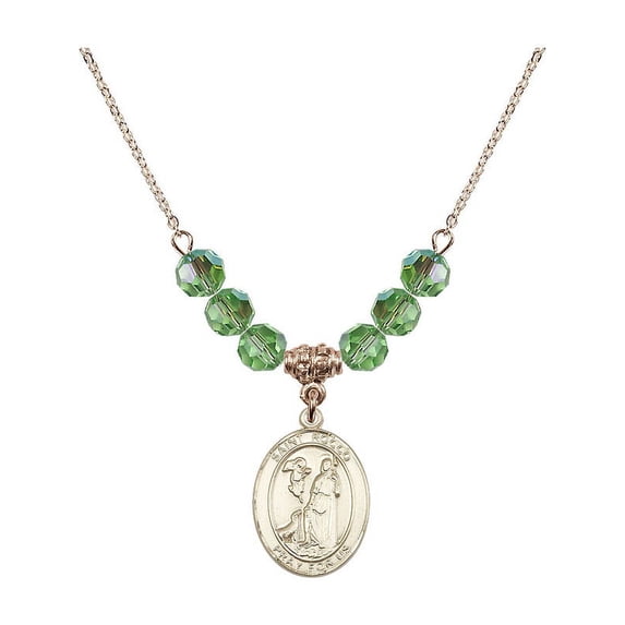 18-Inch Hamilton Gold Plated Necklace with 6mm Green August Birth Month Stone Beads and Saint Rocco Charm
