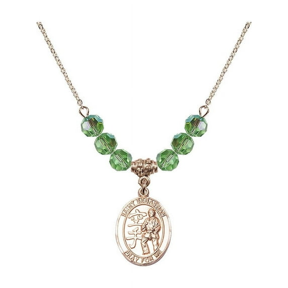 18-Inch Hamilton Gold Plated Necklace with 6mm Green August Birth Month Stone Beads and Saint Sebastian/Karate Charm