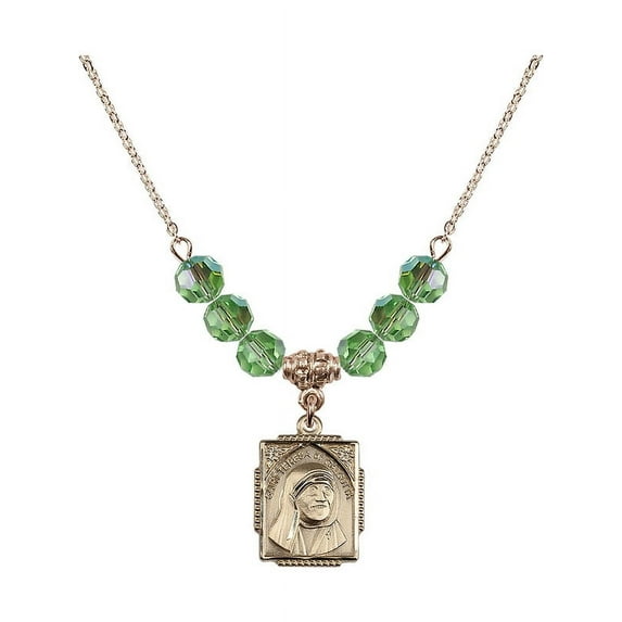 18-Inch Hamilton Gold Plated Necklace with 6mm Green August Birth Month Stone Beads and Saint Teresa of Calcutta Charm
