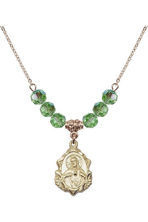 18-Inch Hamilton Gold Plated Necklace with 6mm Green August Birth Month Stone Beads and Scapular Charm