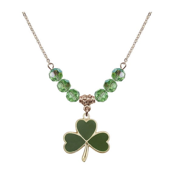 18-Inch Hamilton Gold Plated Necklace with 6mm Green August Birth Month Stone Beads and Shamrock Charm