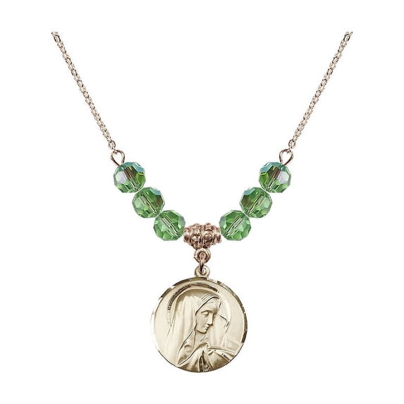 18-Inch Hamilton Gold Plated Necklace with 6mm Green August Birth Month Stone Beads and Sorrowful Mother Charm
