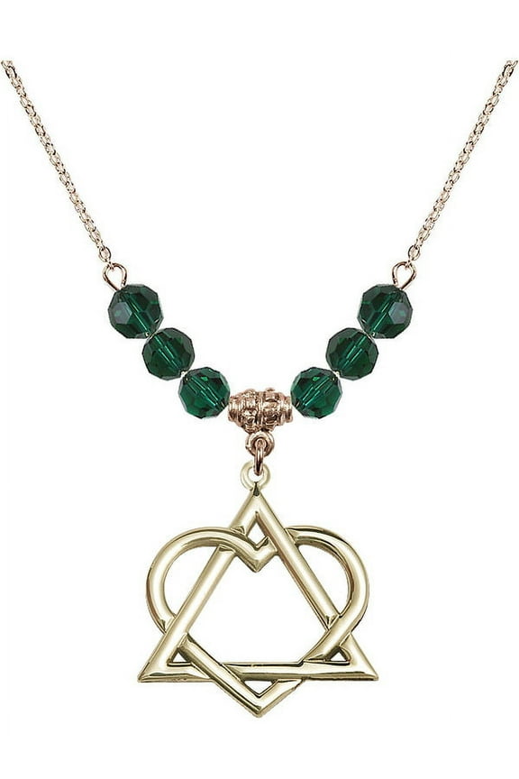 18-Inch Hamilton Gold Plated Necklace with 6mm Green May Birth Month Stone Beads and Adoption Heart Charm