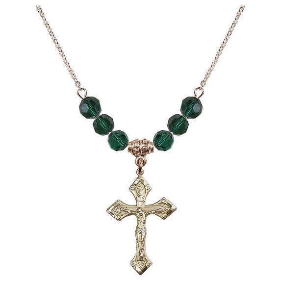 18-Inch Hamilton Gold Plated Necklace with 6mm Green May Birth Month Stone Beads and Crucifix Charm