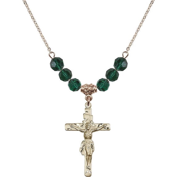18-Inch Hamilton Gold Plated Necklace with 6mm Green May Birth Month Stone Beads and Crucifix Charm