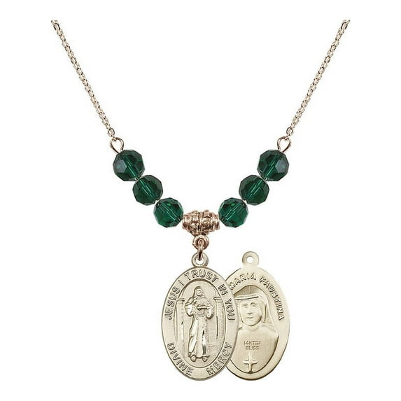 18-Inch Hamilton Gold Plated Necklace with 6mm Green May Birth Month Stone Beads and Divine Mercy Charm