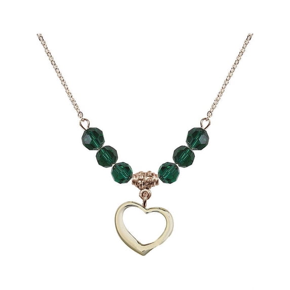 18-Inch Hamilton Gold Plated Necklace with 6mm Green May Birth Month Stone Beads and Heart Charm