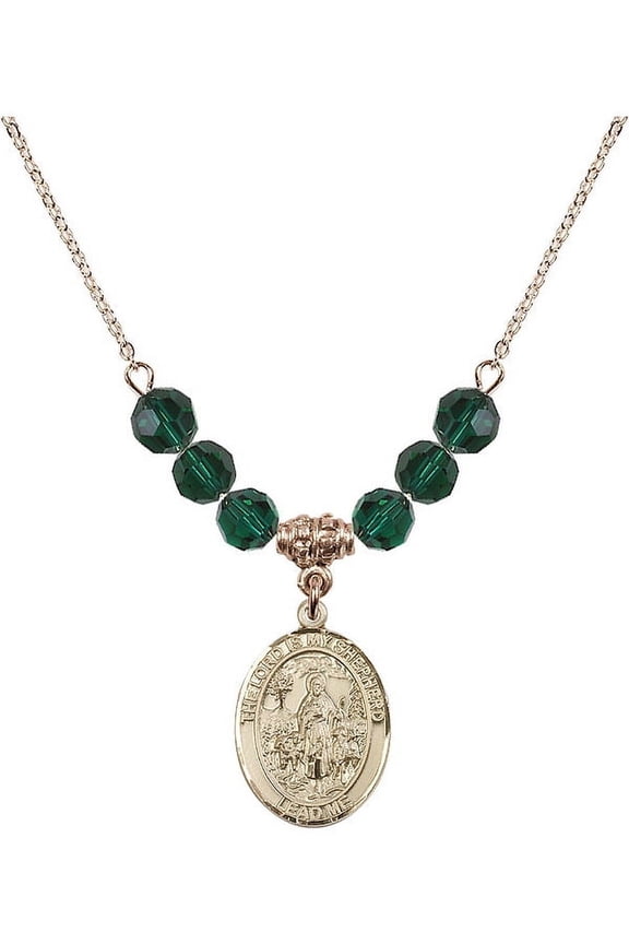 18-Inch Hamilton Gold Plated Necklace with 6mm Green May Birth Month Stone Beads and Lord Is My Shepherd Charm