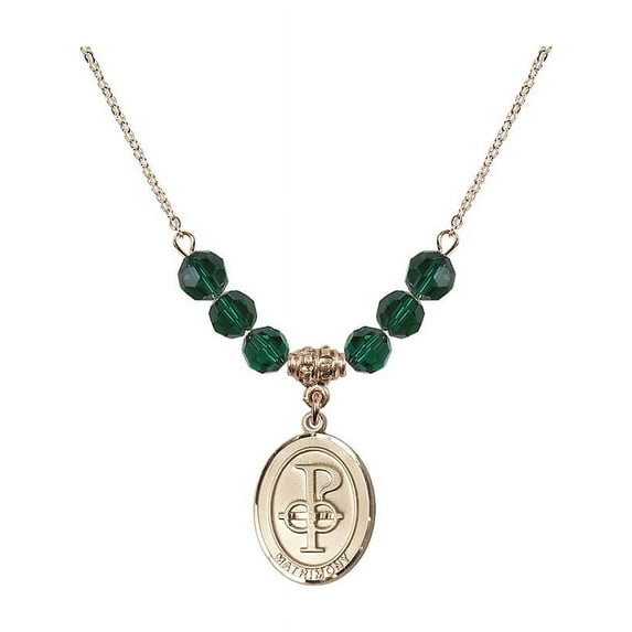 18-Inch Hamilton Gold Plated Necklace with 6mm Green May Birth Month Stone Beads and Matrimony Charm