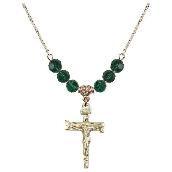 18-Inch Hamilton Gold Plated Necklace with 6mm Green May Birth Month Stone Beads and Nail Crucifix Charm