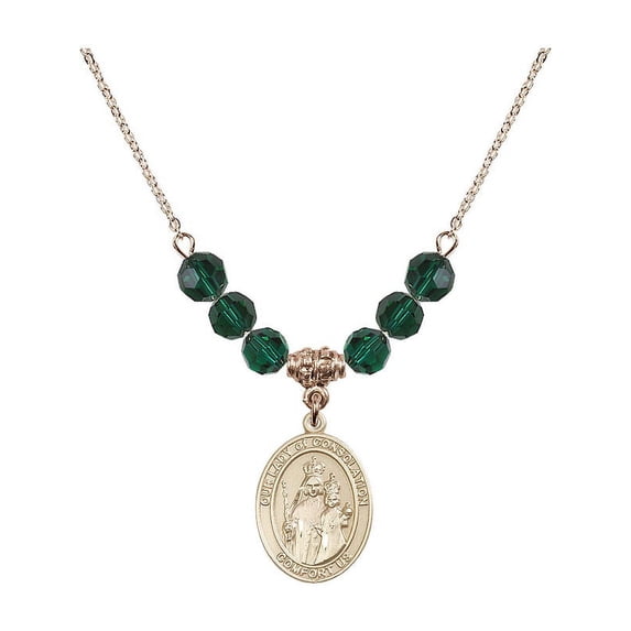 18-Inch Hamilton Gold Plated Necklace with 6mm Green May Birth Month Stone Beads and Our Lady of Consolation Charm