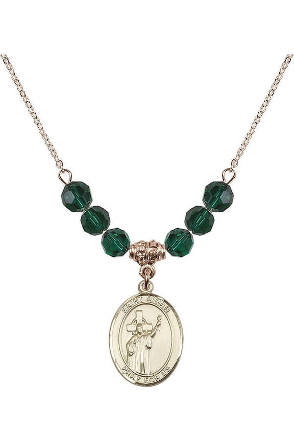 18-Inch Hamilton Gold Plated Necklace with 6mm Green May Birth Month Stone Beads and Saint Aidan of Lindesfarne Charm