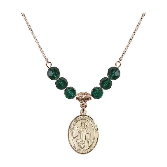 18-Inch Hamilton Gold Plated Necklace with 6mm Green May Birth Month Stone Beads and Saint Anthony of Egypt Charm
