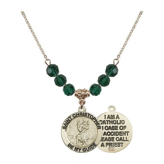 18-Inch Hamilton Gold Plated Necklace with 6mm Green May Birth Month Stone Beads and Saint Christopher Charm