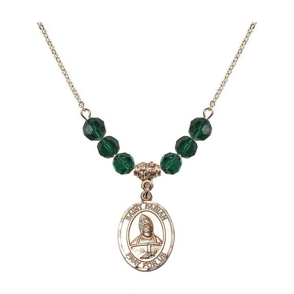 18-Inch Hamilton Gold Plated Necklace with 6mm Green May Birth Month Stone Beads and Saint Fabian Charm