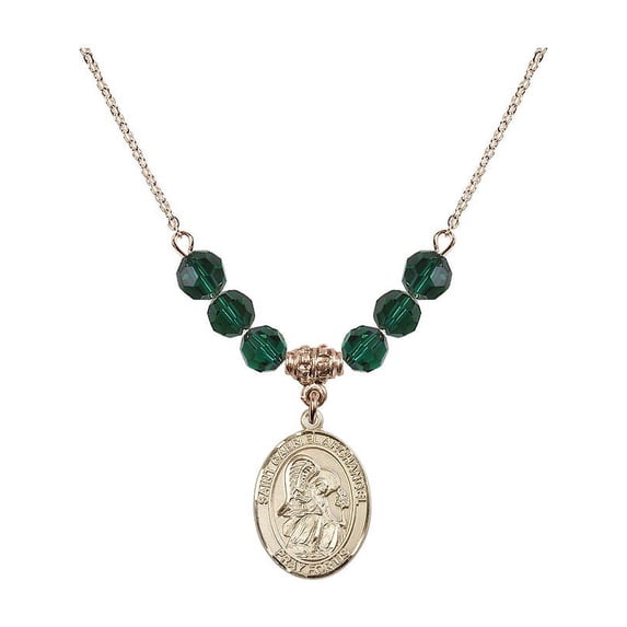 18-Inch Hamilton Gold Plated Necklace with 6mm Green May Birth Month Stone Beads and Saint Gabriel the Archangel Charm