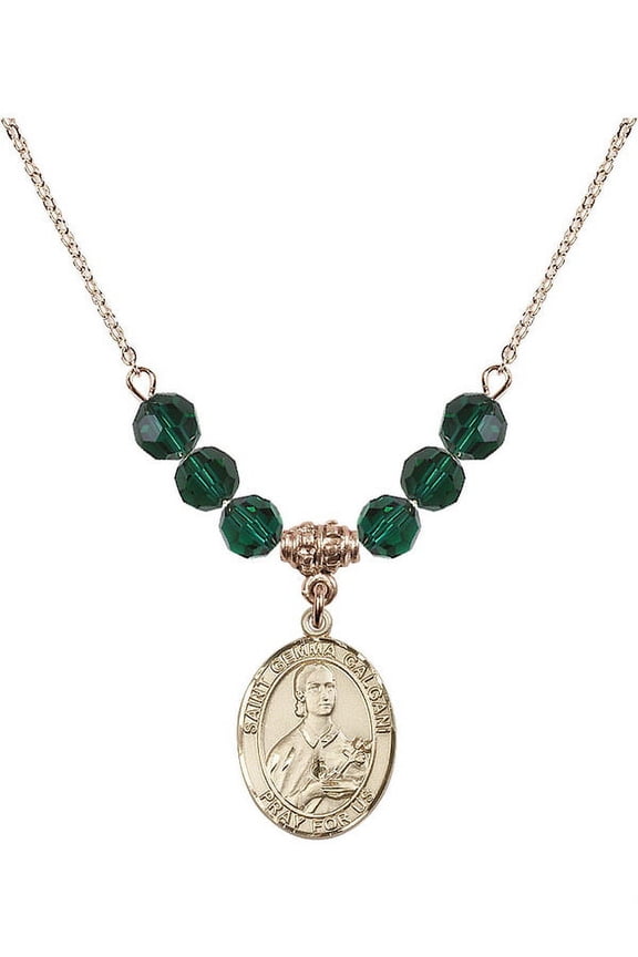 18-Inch Hamilton Gold Plated Necklace with 6mm Green May Birth Month Stone Beads and Saint Gemma Galgani Charm
