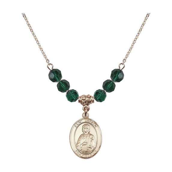 18-Inch Hamilton Gold Plated Necklace with 6mm Green May Birth Month Stone Beads and Saint Gerald Charm