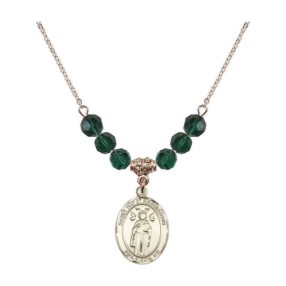 18-Inch Hamilton Gold Plated Necklace with 6mm Green May Birth Month Stone Beads and Saint Ivo of Kelmartin Charm