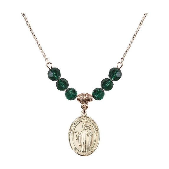 18-Inch Hamilton Gold Plated Necklace with 6mm Green May Birth Month Stone Beads and Saint Joseph the Worker Charm