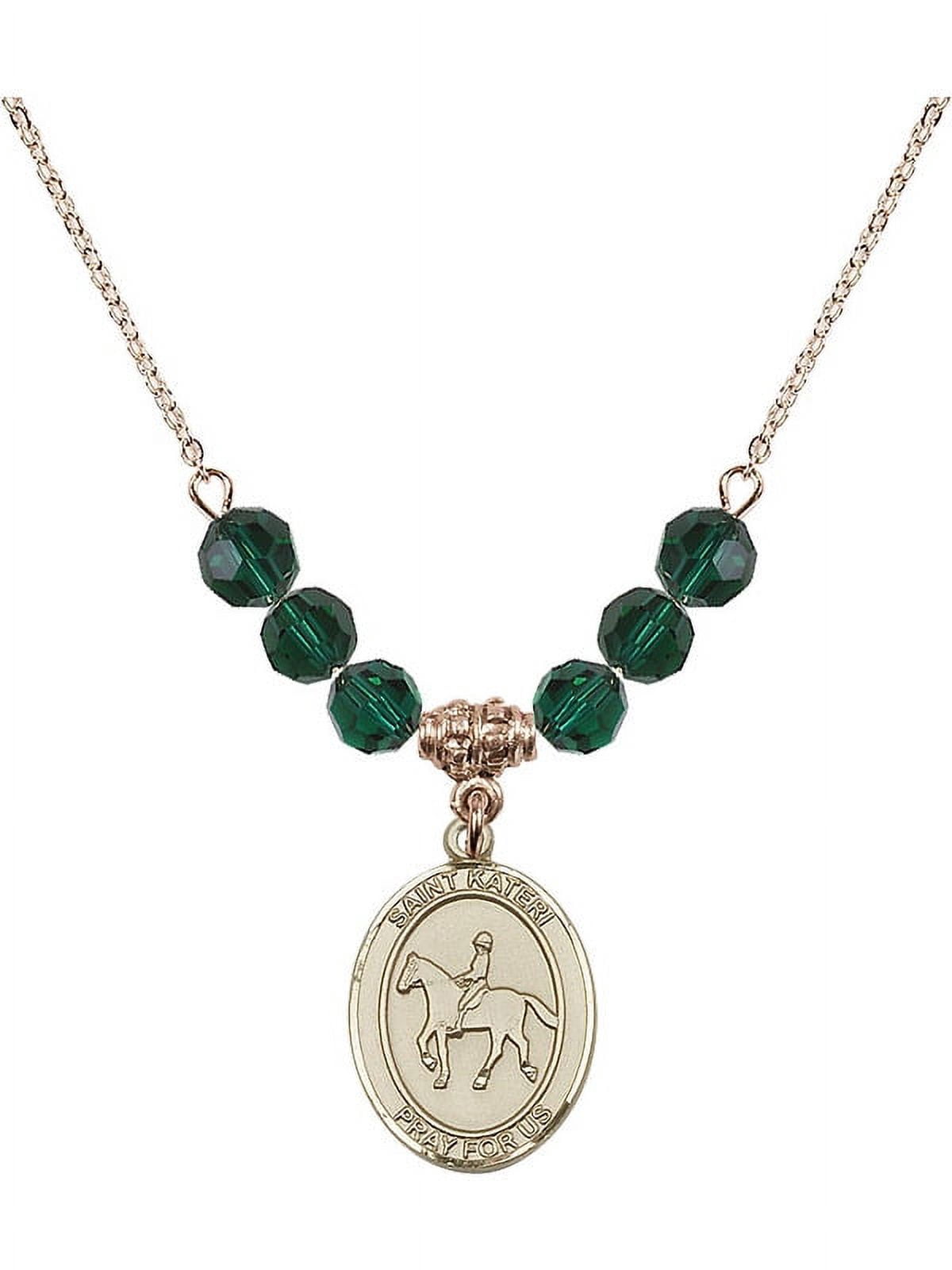 18-Inch Hamilton Gold Plated Necklace with 6mm Green May Birth Month Stone Beads and Saint Kateri/Equestrian Charm