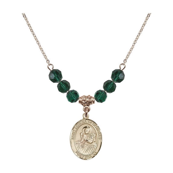 18-Inch Hamilton Gold Plated Necklace with 6mm Green May Birth Month Stone Beads and Saint Lidwina of Schiedam Charm