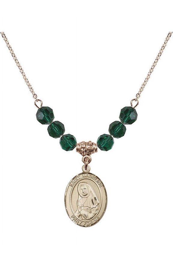 18-Inch Hamilton Gold Plated Necklace with 6mm Green May Birth Month Stone Beads and Saint Madeline Sophie Barat Charm